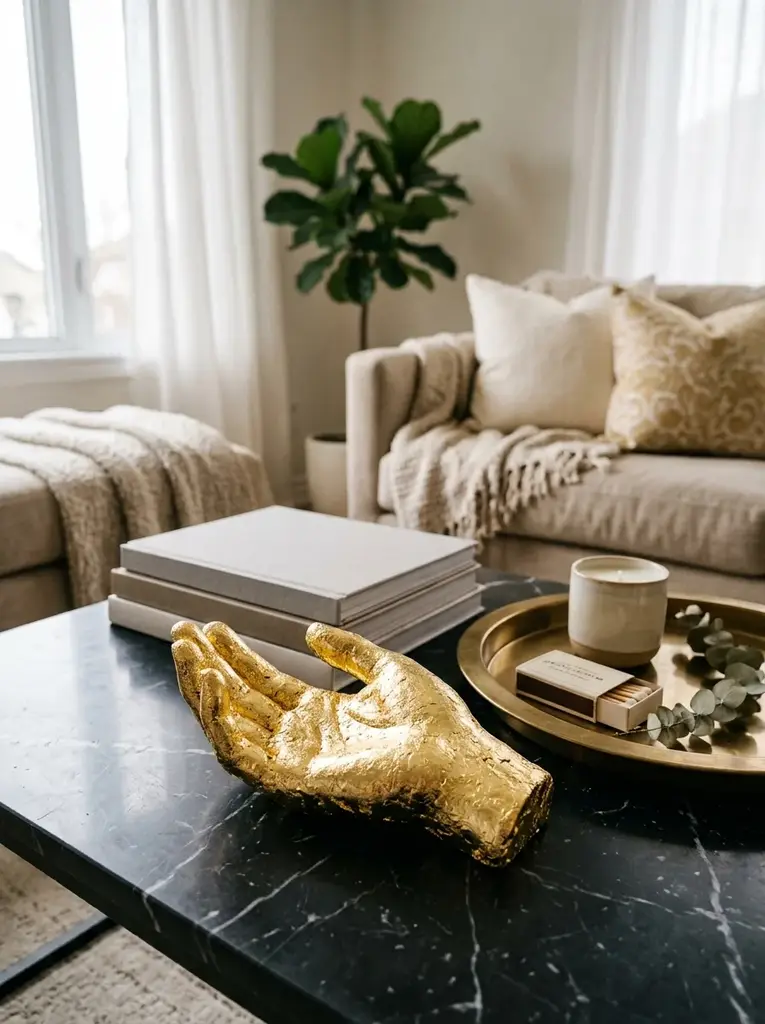 Gold leaf wax hand in an open pose on a black marble coffee table with stacked books and a brass tray