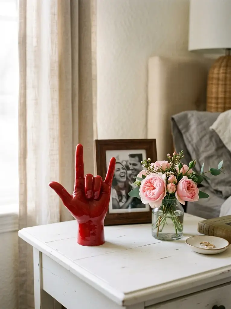 Red I love you sign language wax hand on a white bedside table beside pink roses and a framed photo