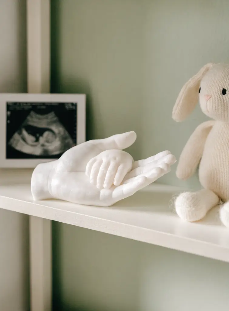 White wax hand of a parent holding a tiny baby hand on a sage green nursery shelf