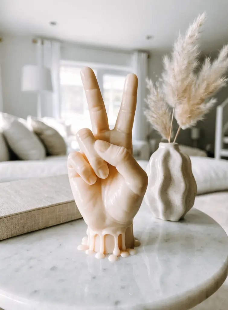 Cream peace sign wax hand with drip base on a marble side table next to dried pampas grass