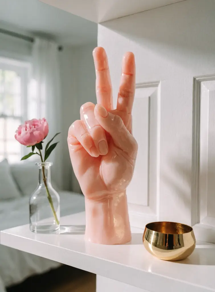 Blush pink peace sign wax hand on a white bedroom shelf with a pink peony and gold bowl