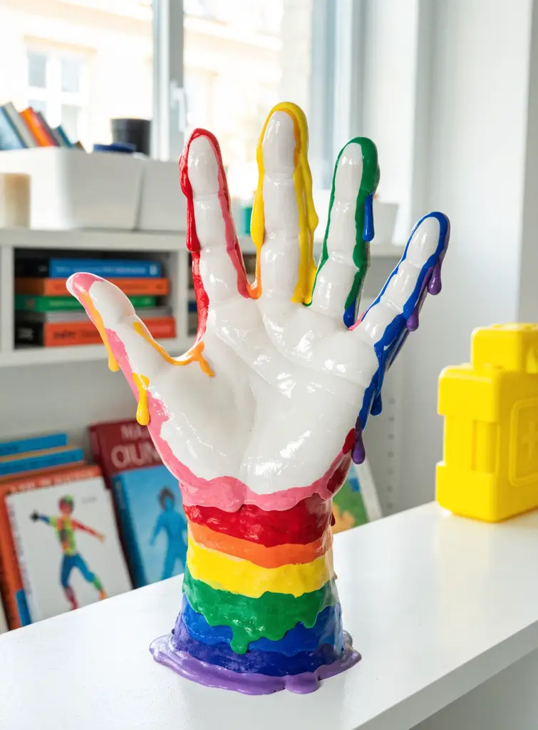 Rainbow layered wax hand with colorful drips down each finger on a white playroom shelf