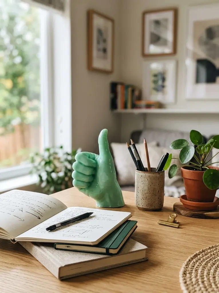 Mint green thumbs up wax hand on a wooden study desk with notebooks, a pencil cup and a potted plant