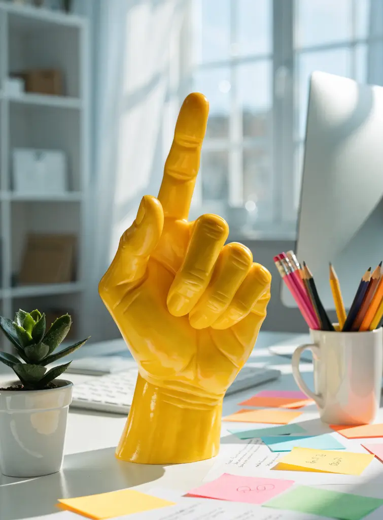 Bright yellow wax hand pointing up on a home office desk with sticky notes and a succulent