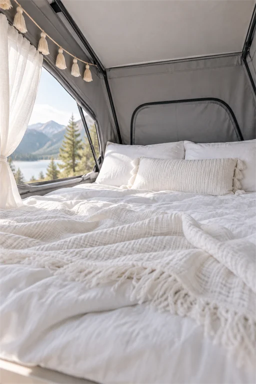 All-white pop-top camper bed with a tassel garland and a mountain lake view through the mesh window