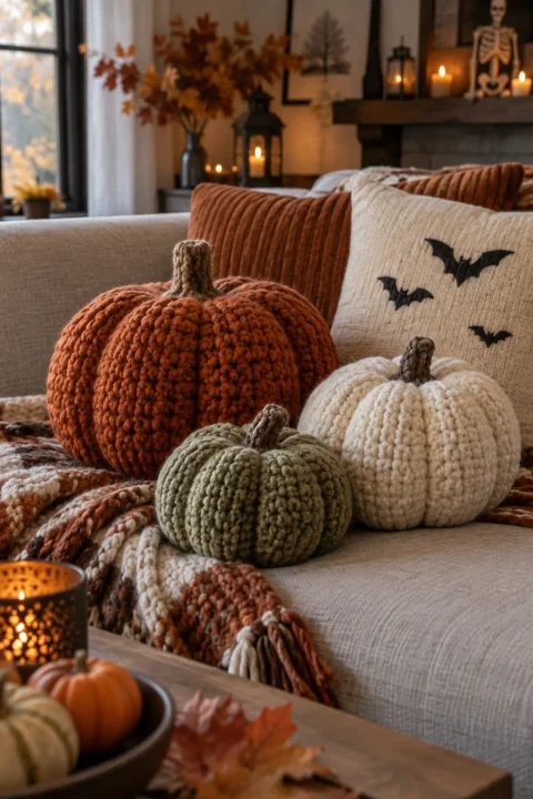 Chunky hand crocheted pumpkins in rust, cream and sage on a sofa, one of the Halloween crochet ideas