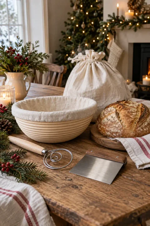 Sourdough bread baking kit with a banneton basket, dough whisk, bench scraper and linen bread bag, one of the Christmas gift ideas for everyone