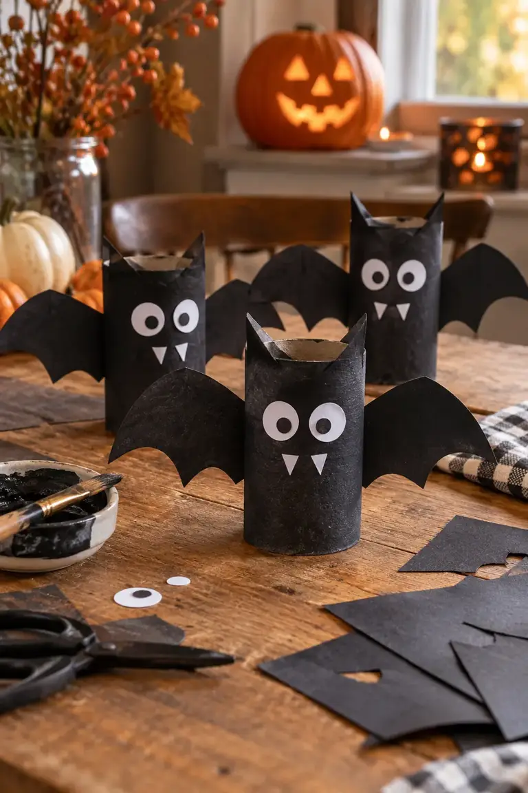 Cardboard toilet paper tubes painted black with folded bat wings and big paper eyes, one of the Halloween craft ideas for kids