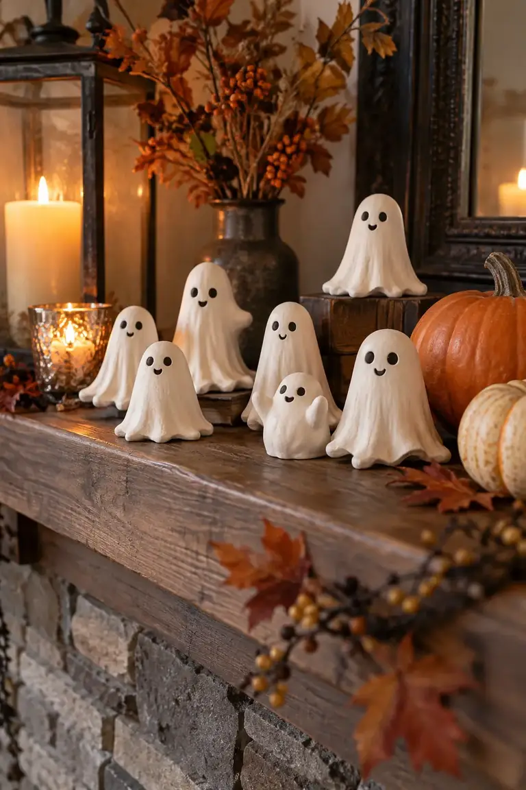 Tiny hand sculpted ivory clay ghosts with dark eyes on a wooden mantel, one of the Halloween clay ideas