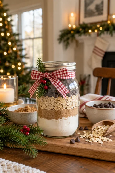 Glass jar layered with flour, brown sugar, oats and chocolate chips tied with a red gingham bow, one of the creative Christmas DIY gift ideas