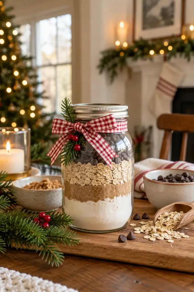 Glass jar layered with flour, brown sugar, oats and chocolate chips tied with a red gingham bow, one of the creative Christmas DIY gift ideas