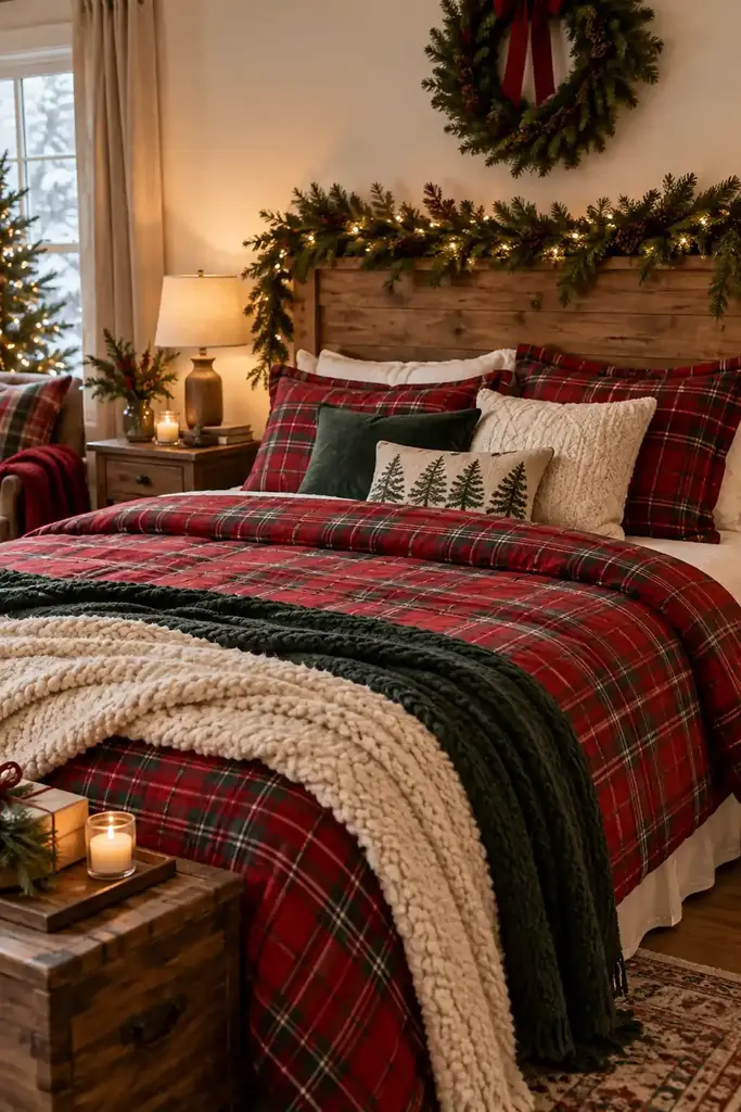 Red tartan covers most of the bed beneath a wooden headboard and evergreen garland
