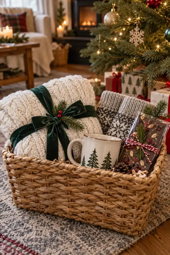 Woven gift basket with a cream knit blanket, a tree print mug and wrapped chocolate, one of the Christmas gift ideas for winter