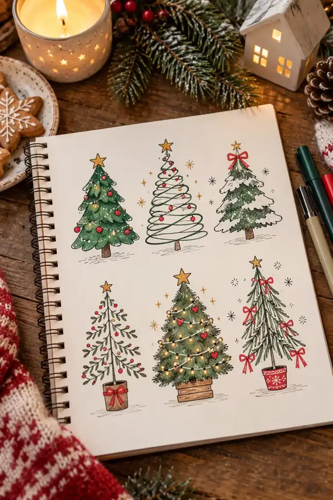 Christmas doodles of a decorated Christmas tree with a star and ornaments
