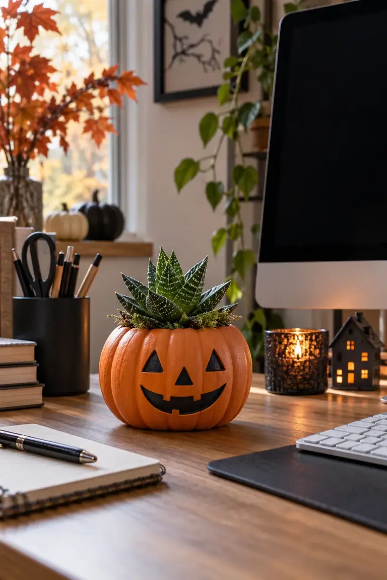 DIY pumpkin shaped planter with a small succulent on a tidy office desk, one of the DIY Halloween office decor ideas