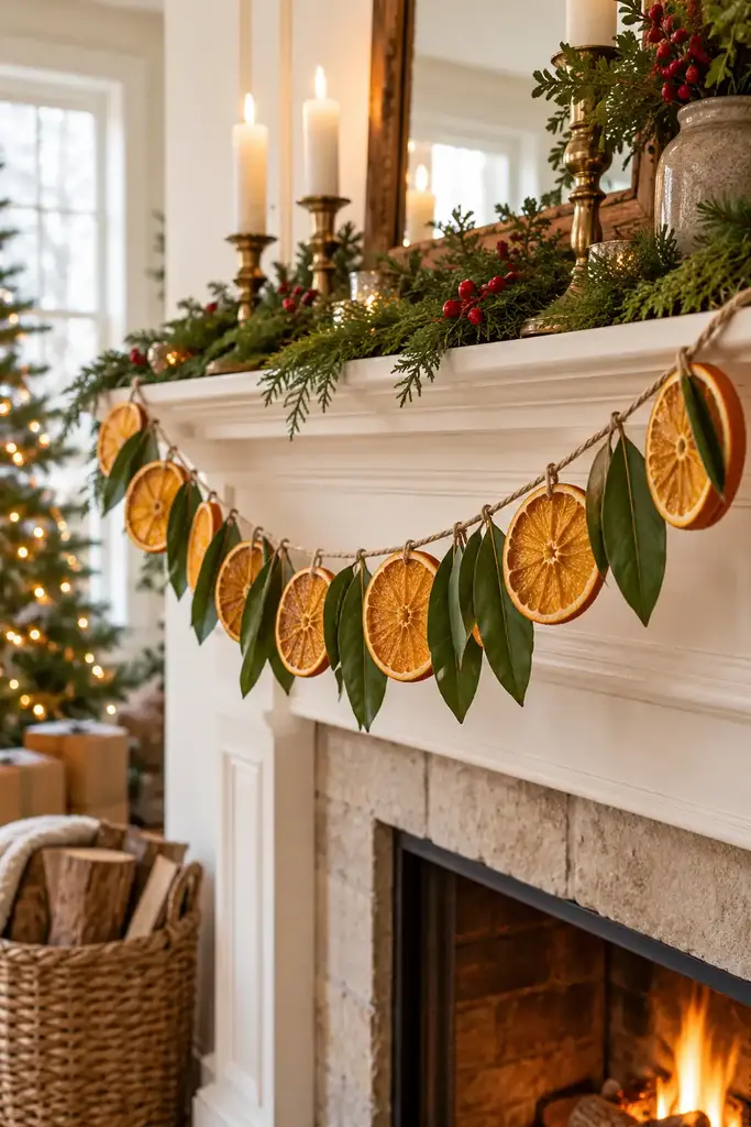 Christmas garland of dried orange slices and bay leaves