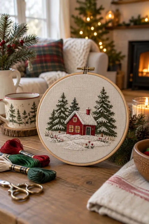 Embroidery hoop stitched with a red cottage and pine trees in snow, one of the Christmas craft ideas for gifts