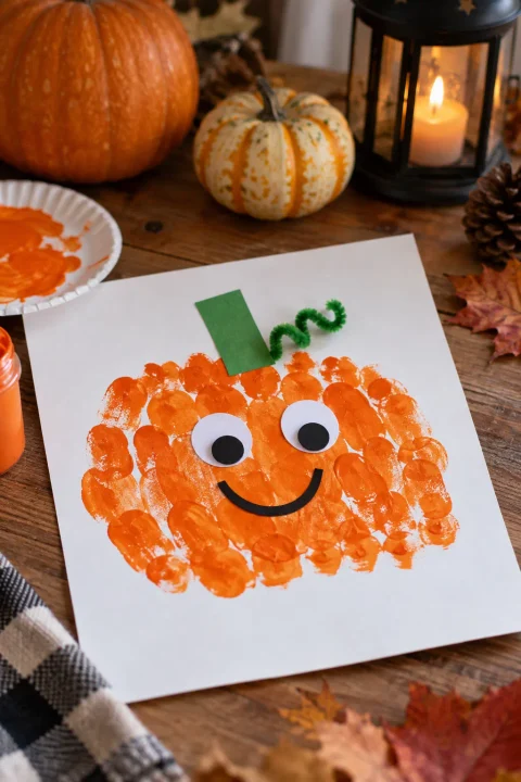 Orange fingerpainted pumpkin on white paper with a green paper stem and large paper eyes, one of the Halloween preschool craft ideas