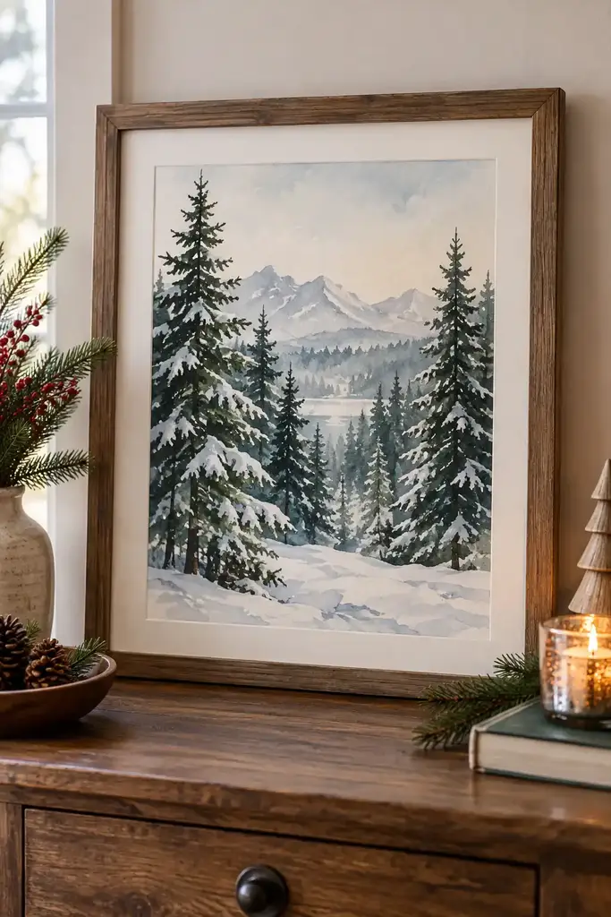 Dark evergreens frame a pale mountain range and reflective water