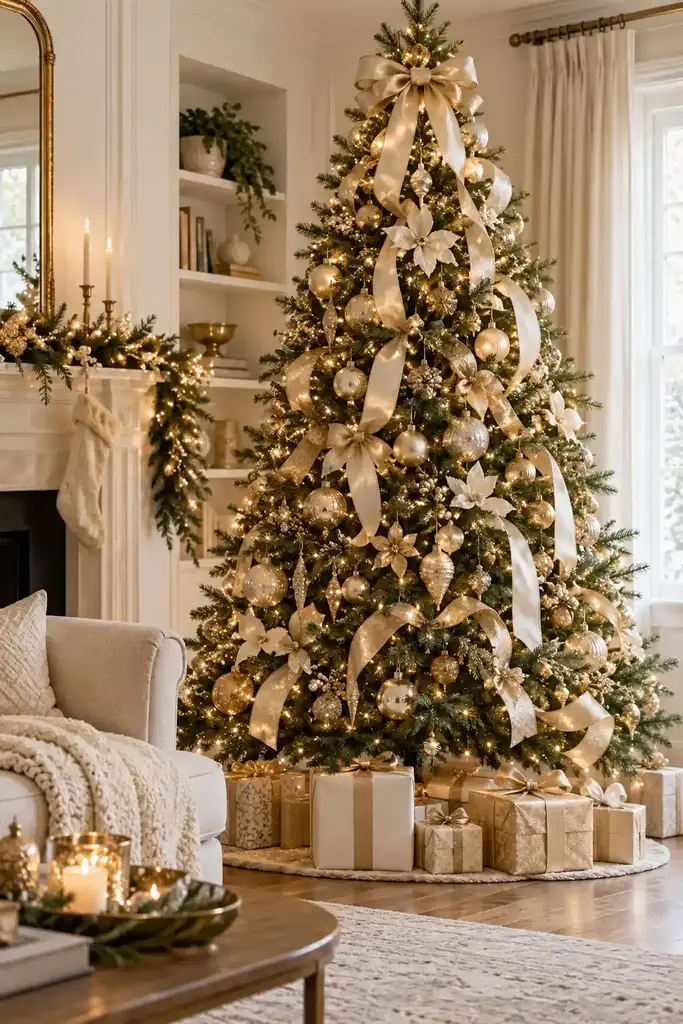 Wide ivory ribbon curves between champagne gold ornaments on a full green tree