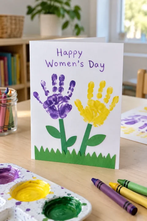 Women's Day crafts for preschoolers: handprint flower card with purple and yellow painted handprint petals