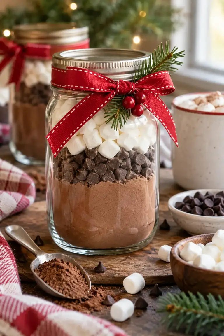 Mason jar layered with cocoa mix, chocolate chips and marshmallows tied with a red ribbon, one of the DIY Christmas gift ideas
