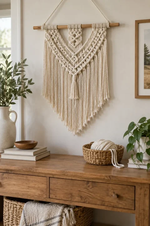 Craft ideas for women: beginner macrame wall hanging with cream cotton cord and fringe above a wood console