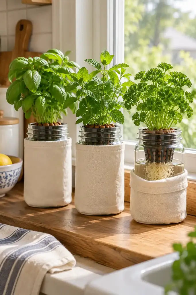 DIY hydroponic system made from three mason jars with cream sleeves, net cups of basil, mint and parsley on a kitchen windowsill