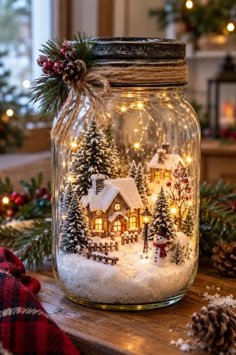 Mason Jar Snow Village DIY Christmas lanterns ideas