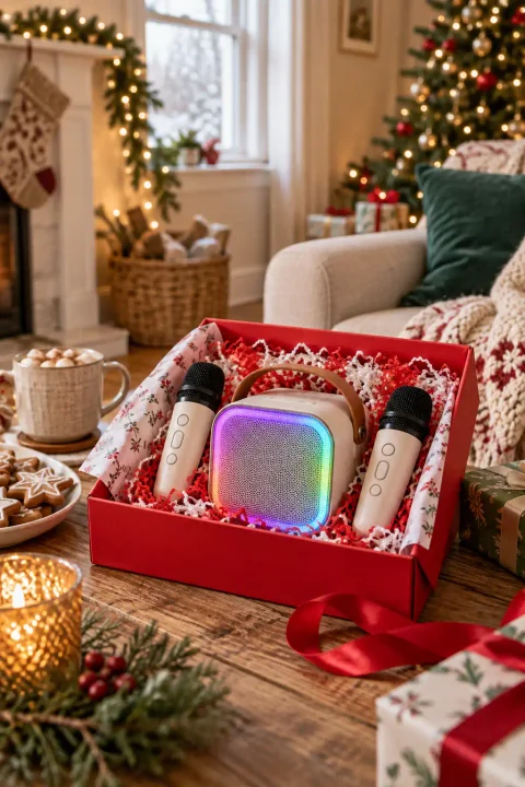 Compact karaoke speaker with a glowing light and two wireless microphones in a red gift box, one of the fun Christmas gift ideas