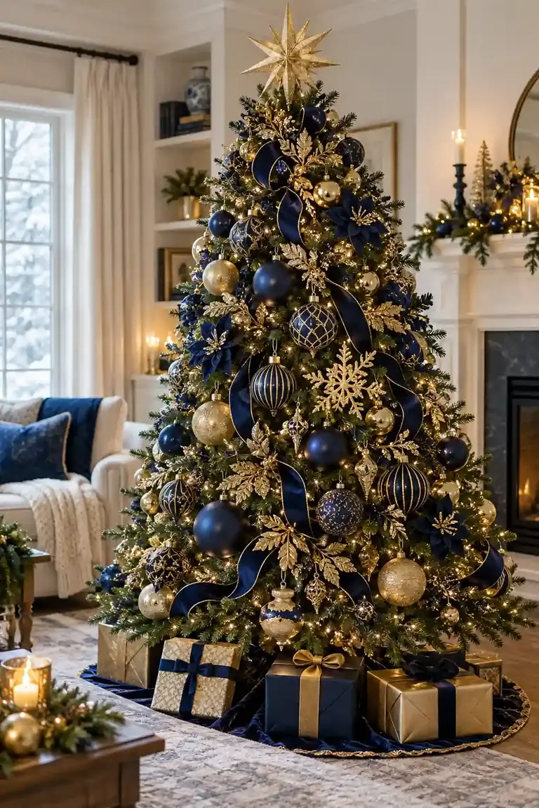 Navy and Gold Tree blue Christmas decoration ideas