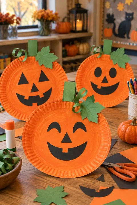 Orange paper plate pumpkins with green paper stems and black paper faces on a classroom table, one of the Halloween classroom crafts ideas