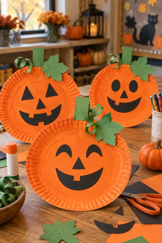 Orange paper plate pumpkins with green paper stems and black paper faces on a classroom table, one of the Halloween classroom crafts ideas