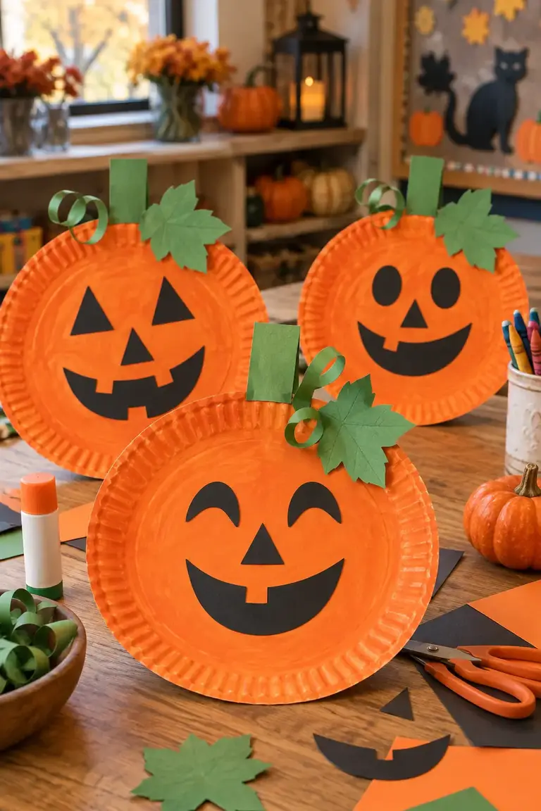 Orange paper plate pumpkins with green paper stems and black paper faces on a classroom table, one of the Halloween classroom crafts ideas