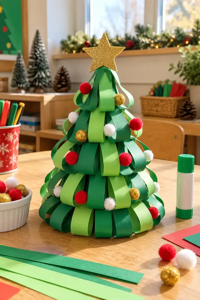 Classroom Christmas crafts, paper strip tree