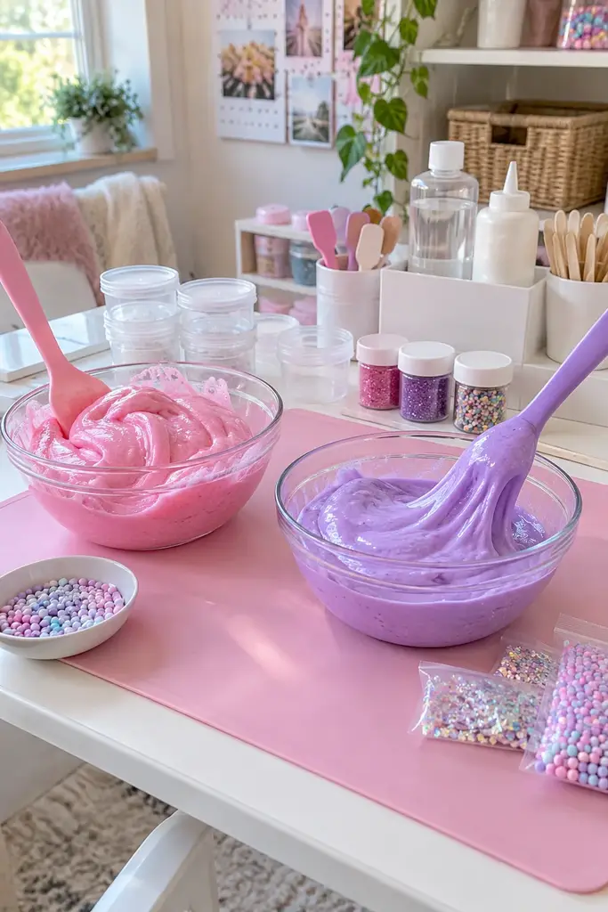 Slime station ideas: pastel slime desk with pink silicone mat, bowls of pink and lavender slime and clear tubs