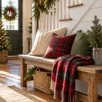 Farmhouse Christmas decor, plaid blanket on an entry bench