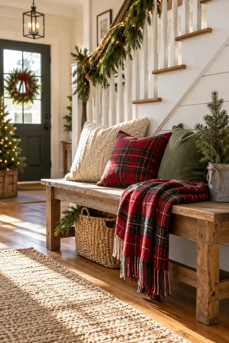 Farmhouse Christmas decor, plaid blanket on an entry bench