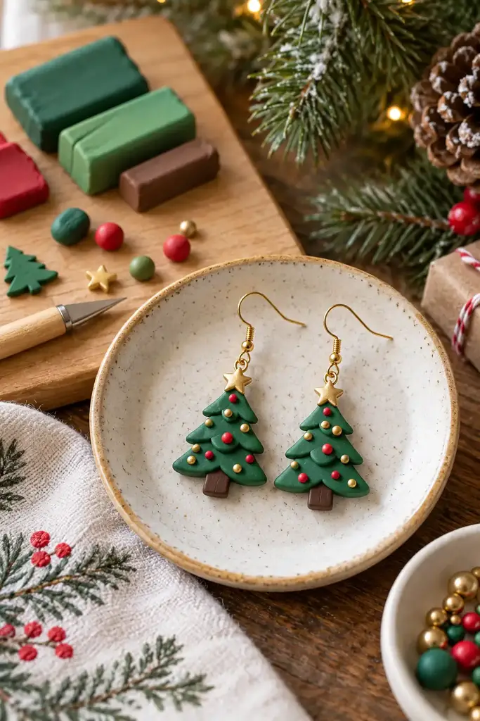 DIY Christmas earrings, polymer clay tiny trees