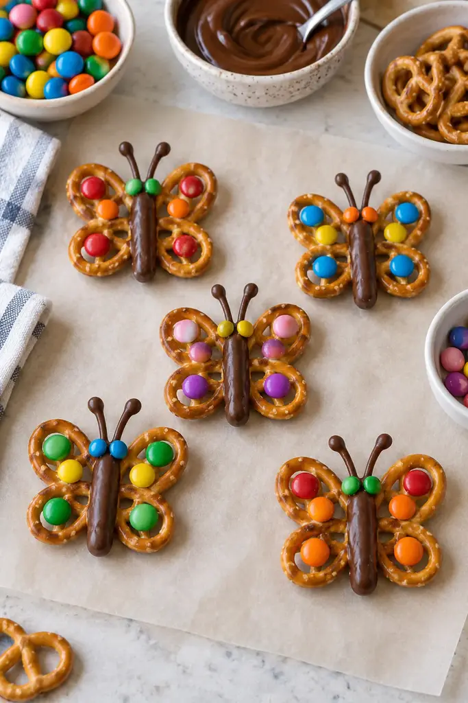 Pretzel craft ideas: edible pretzel butterflies with twist pretzel wings, chocolate pretzel stick body and candy dots