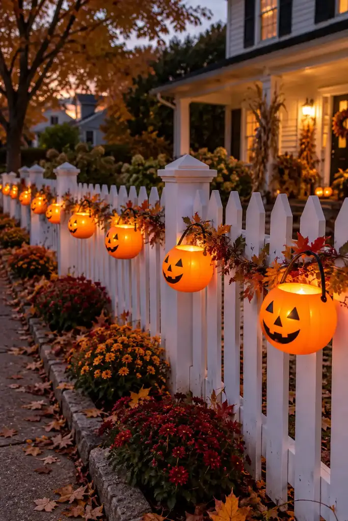 White picket fence with orange jack o lantern buckets holding battery lights at dusk, one of the Halloween fence ideas