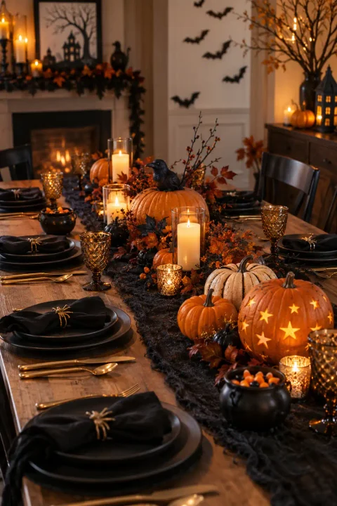 Halloween party dining table with orange pumpkins, a black linen runner, gold cutlery and LED candles, one of the Halloween party ideas