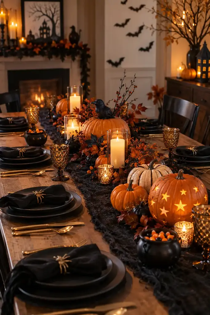 Halloween party dining table with orange pumpkins, a black linen runner, gold cutlery and LED candles, one of the Halloween party ideas