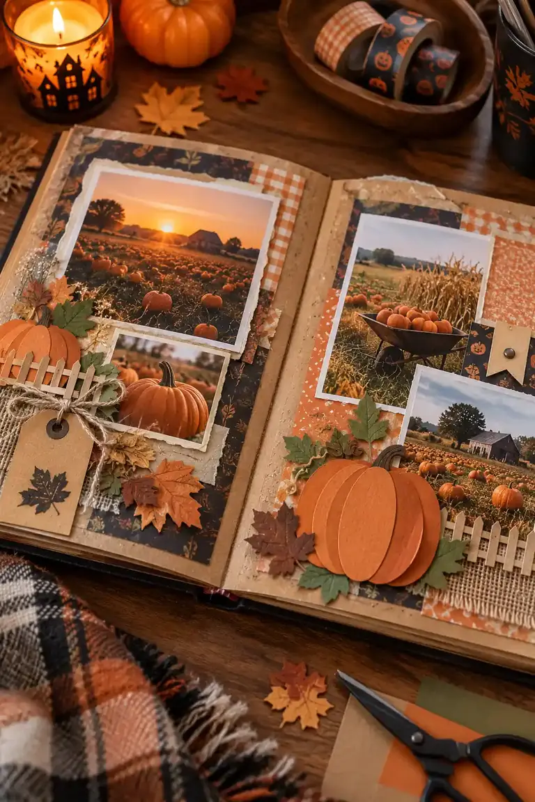 Open scrapbook spread with pumpkin patch photos, orange paper pumpkins and kraft paper, one of the Halloween scrapbook ideas