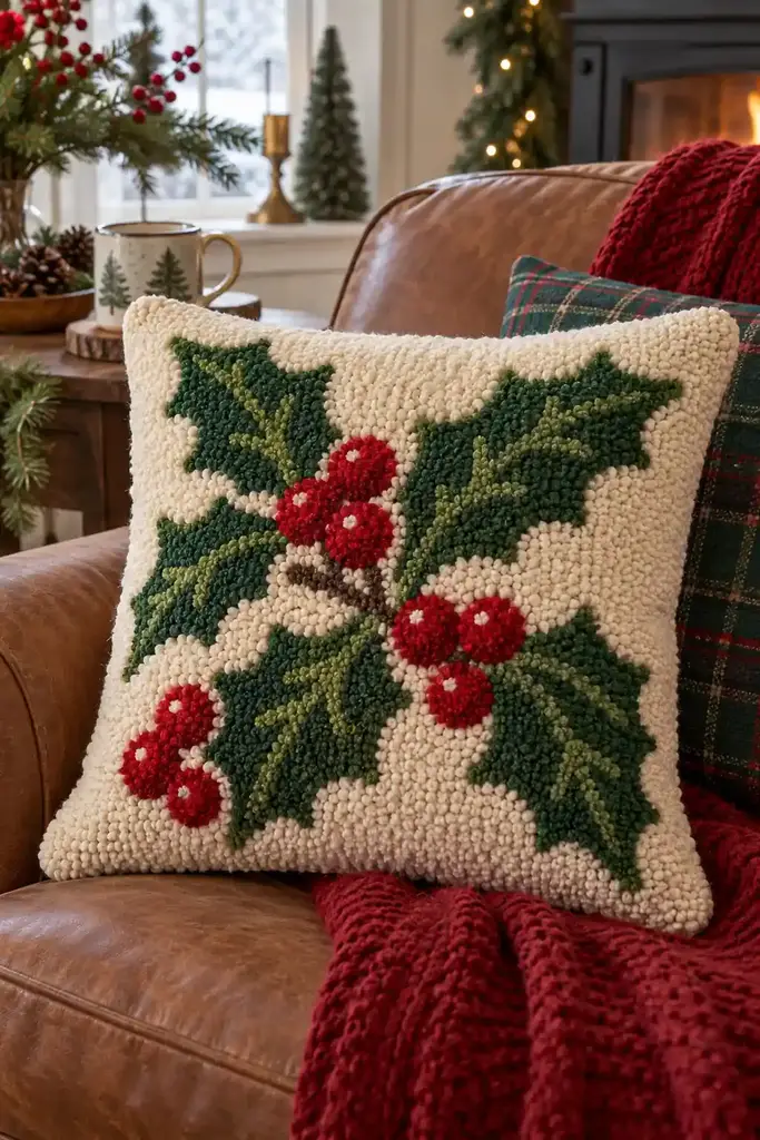 Punch Needle Holly Pillow Christmas crafts for adults