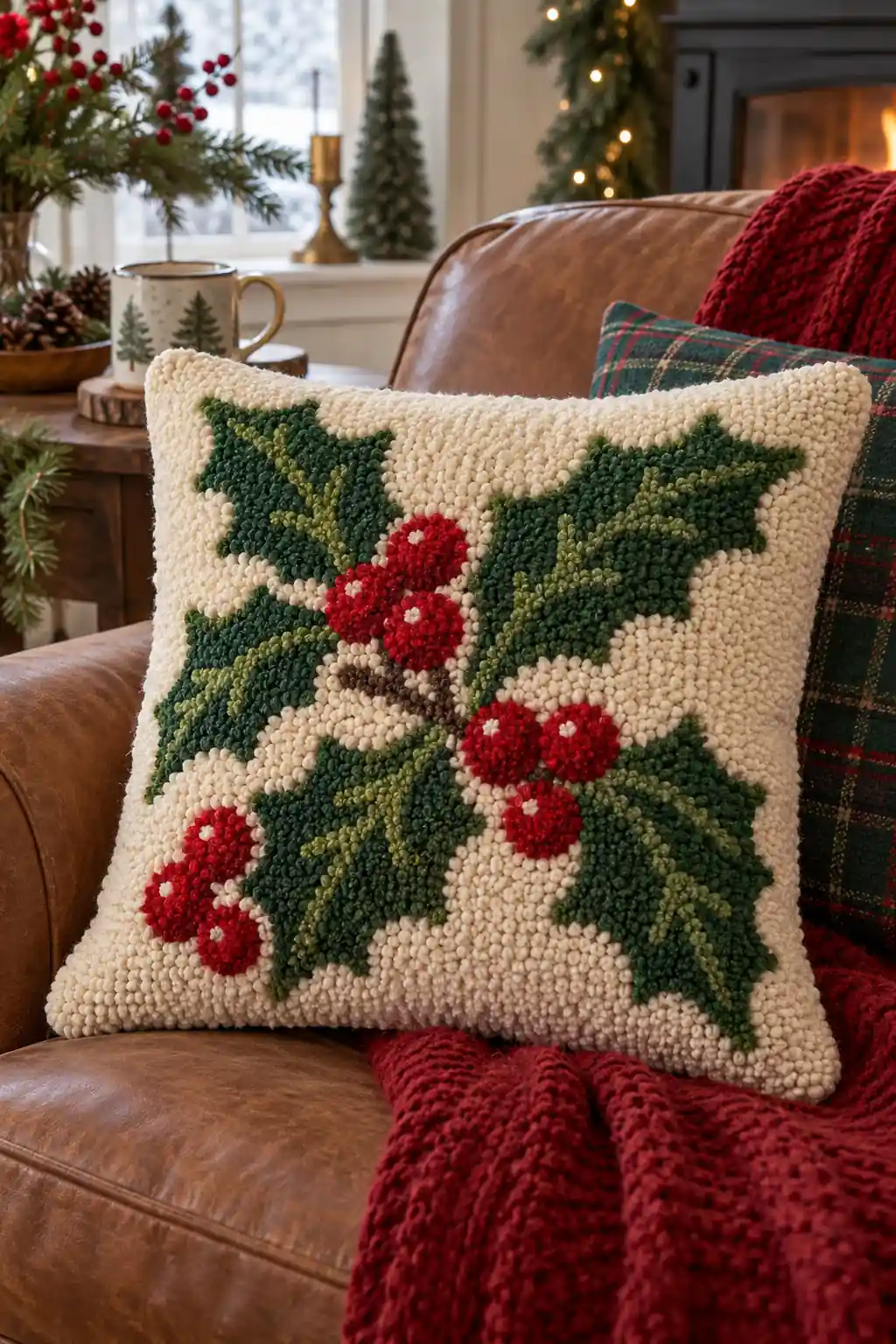 Punch Needle Holly Pillow Christmas crafts for adults