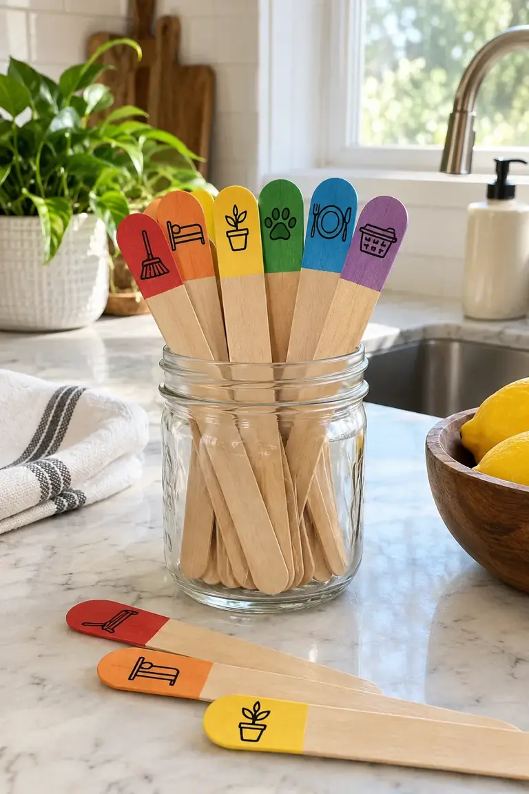 Chore jar ideas: rainbow color coded chore sticks in a clear mason jar on a bright kitchen counter