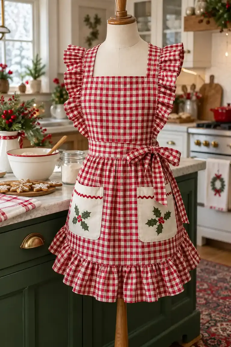 Red Gingham Ruffles Christmas apron ideas