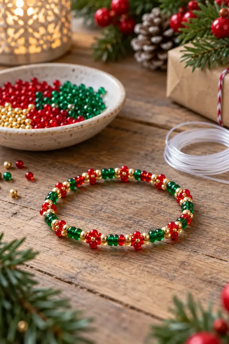 Christmas bracelets, red and green seed bead stretch bracelet