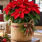 Christmas plants, red poinsettia in a woven basket